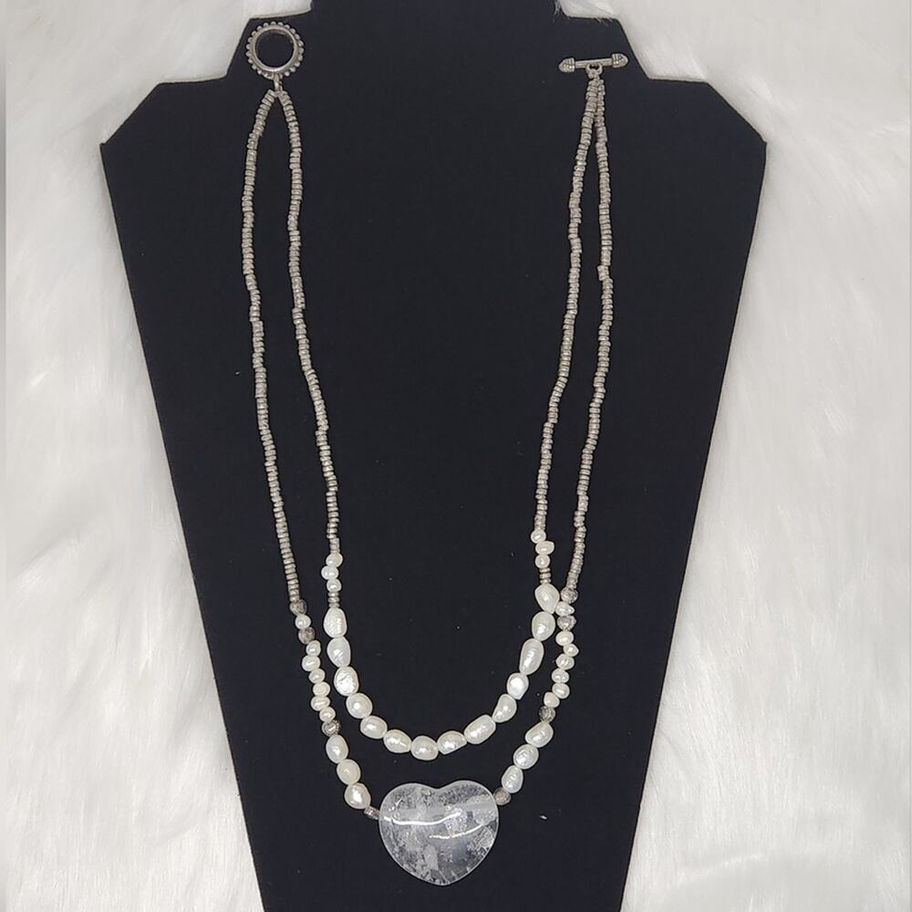 Vintage Pearl & Pyrite Bead Necklace | Heart Pendant Statement Jewelry